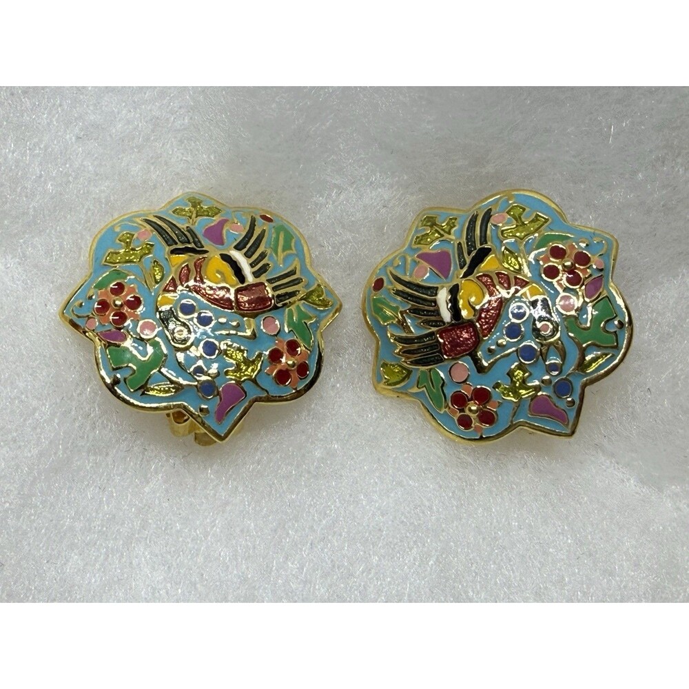 Joan Rivers Chinoiserie Enamel Cloisonne Ducks Clip on Earrings‎ Signed Vintage